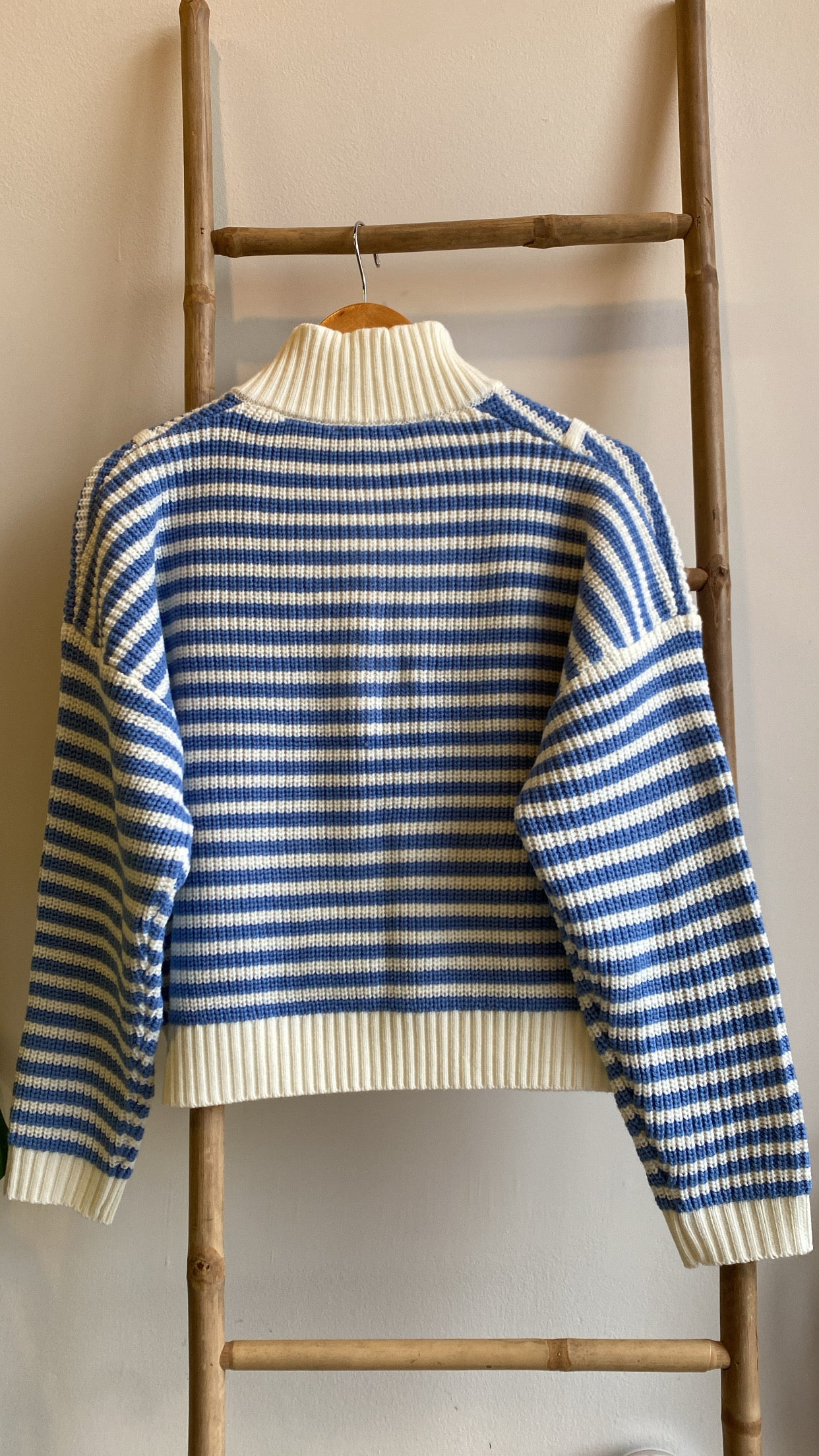 winter blues striped quarter zip sweater